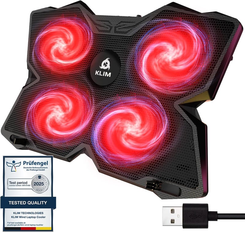 KLIM Wind Laptop Cooling Pad - More Than 500 000 Units Sold - New - The Most Powerful Rapid Action Cooling Fan - Laptop Stand with 4 Fans at 1200 RPM - USB - PS5 PS4 - Red - Image 1