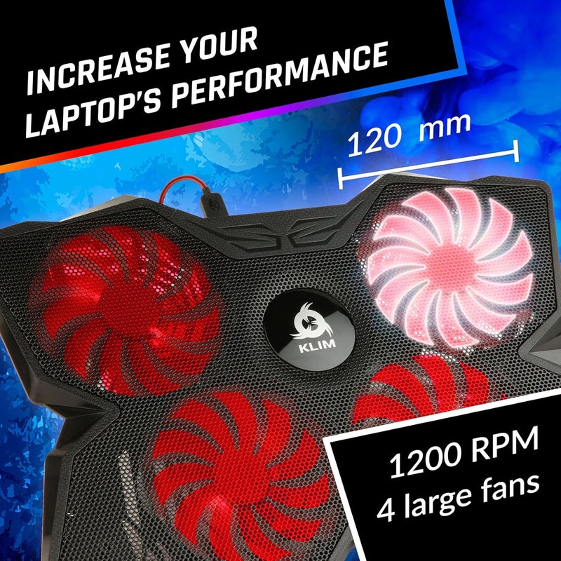 KLIM Wind Laptop Cooling Pad - More Than 500 000 Units Sold - New - The Most Powerful Rapid Action Cooling Fan - Laptop Stand with 4 Fans at 1200 RPM - USB - PS5 PS4 - Red - Image 3