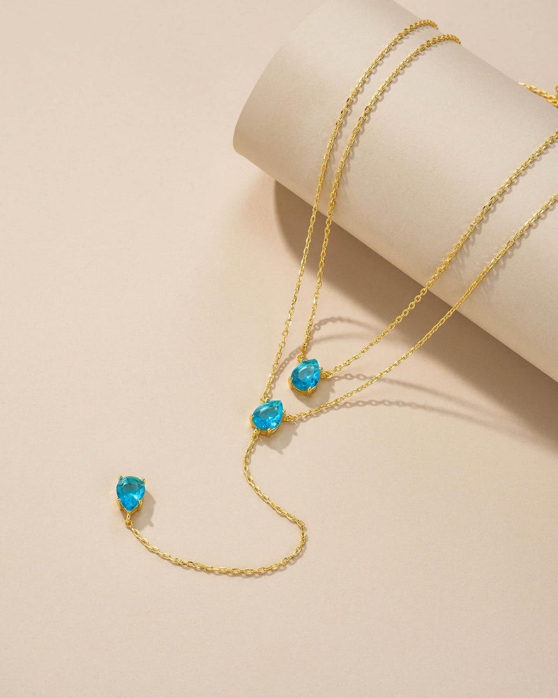 SNGIA Long 18K Gold Plated Blue Green Red Layered Pendant Necklace For Women (Emerald, Ruby, Seafoam, Sky, Sapphire, Pink), Dainty Birthstone Necklace, Statement Necklace Jewelry Gifts. - Image 5