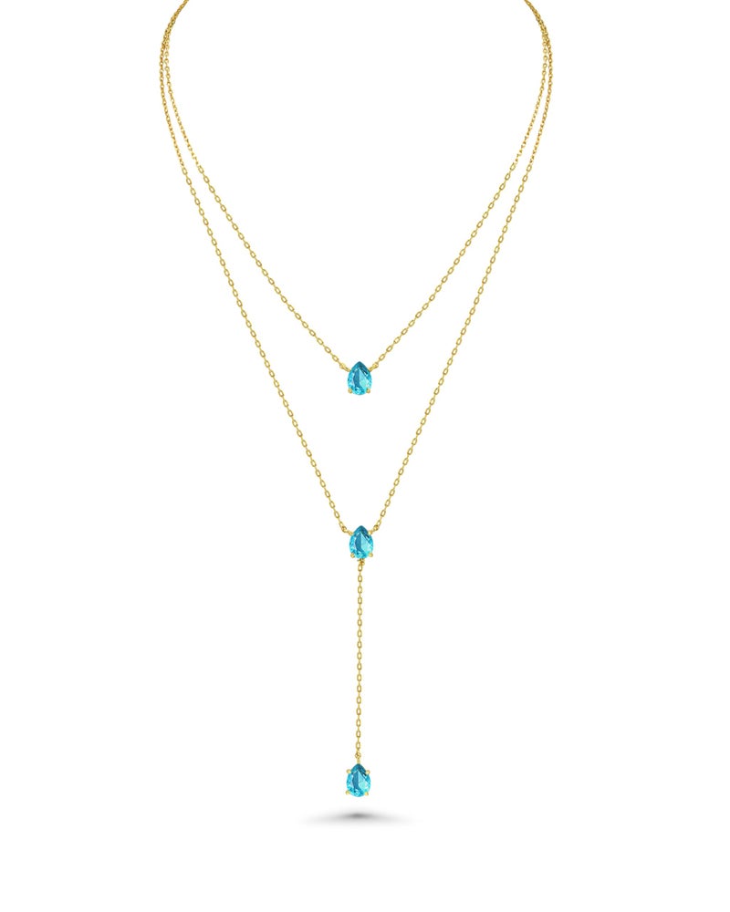 SNGIA Long 18K Gold Plated Blue Green Red Layered Pendant Necklace For Women (Emerald, Ruby, Seafoam, Sky, Sapphire, Pink), Dainty Birthstone Necklace, Statement Necklace Jewelry Gifts. - Image 1