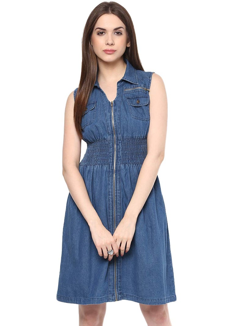 StyleStone Women's Knee-Length A-Line Dress (3113ZipDressXL_Blue_X-Large_Blue_XL) - Image 2