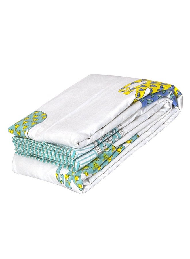 TOAIArt Jaipuri Dohar Quilt for Summer Hand Block Printed 3 Layers Reversible 100% Mulmul Cotton Flannel Filling Single Size 60” X 90” Elephant (White Blue Green Yellow) - Image 1