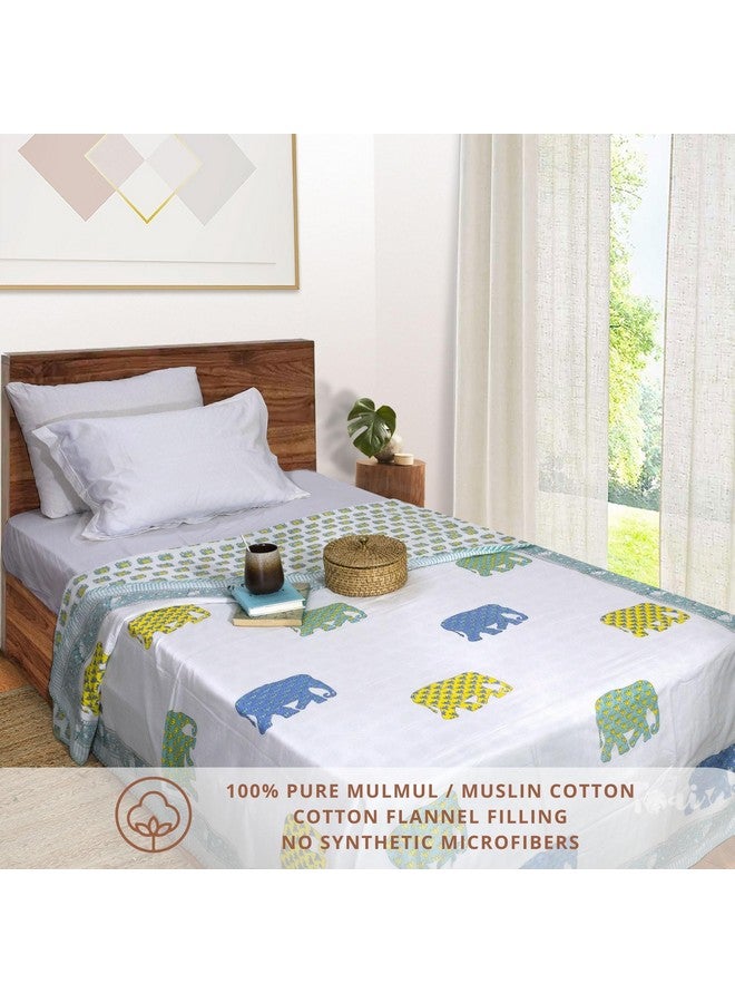 TOAIArt Jaipuri Dohar Quilt for Summer Hand Block Printed 3 Layers Reversible 100% Mulmul Cotton Flannel Filling Single Size 60” X 90” Elephant (White Blue Green Yellow) - Image 2
