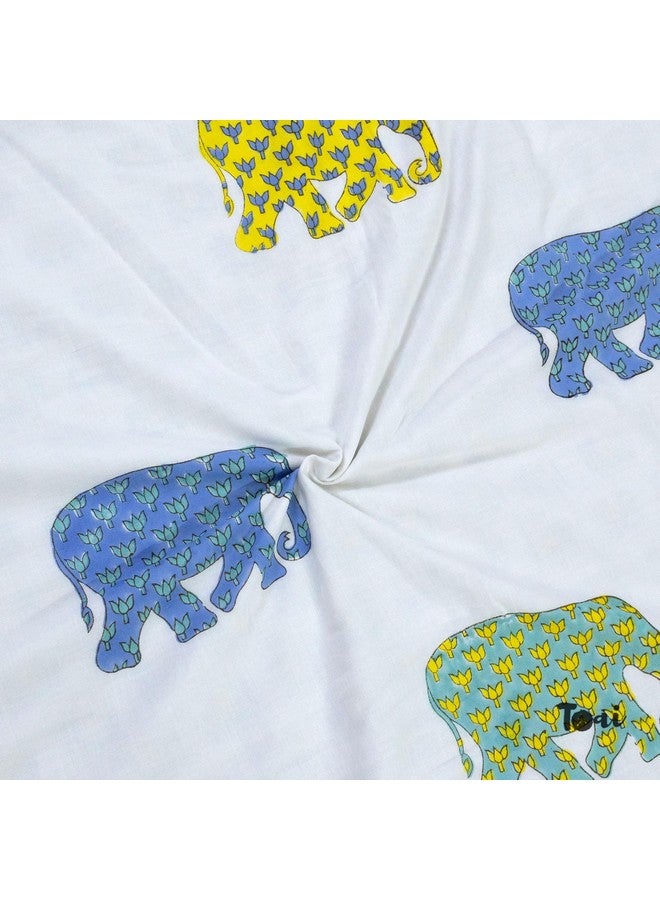 TOAIArt Jaipuri Dohar Quilt for Summer Hand Block Printed 3 Layers Reversible 100% Mulmul Cotton Flannel Filling Single Size 60” X 90” Elephant (White Blue Green Yellow) - Image 3