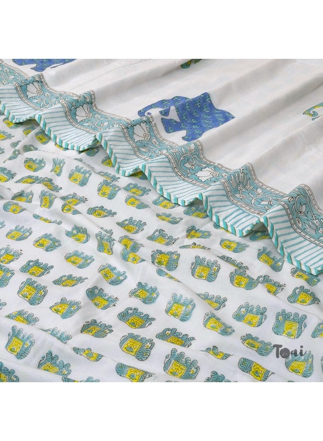 TOAIArt Jaipuri Dohar Quilt for Summer Hand Block Printed 3 Layers Reversible 100% Mulmul Cotton Flannel Filling Single Size 60” X 90” Elephant (White Blue Green Yellow) - Image 5