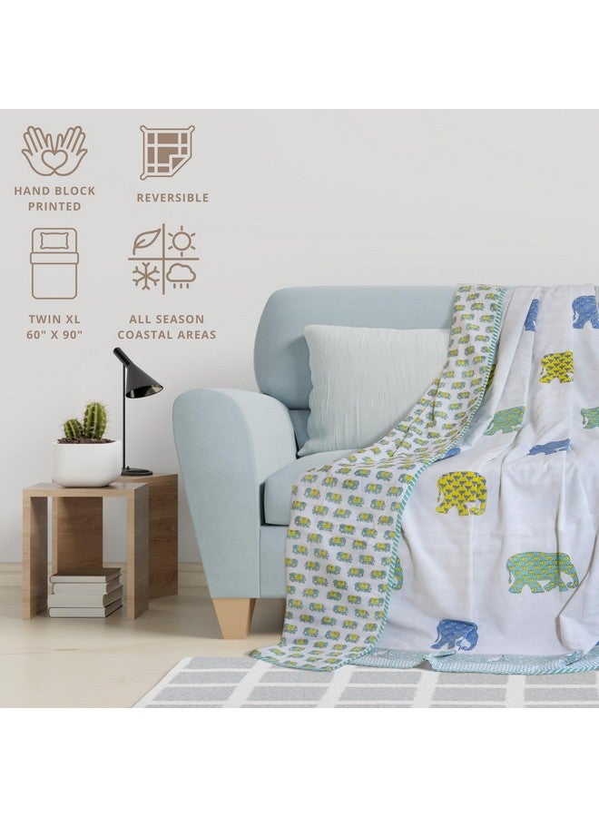 TOAIArt Jaipuri Dohar Quilt for Summer Hand Block Printed 3 Layers Reversible 100% Mulmul Cotton Flannel Filling Single Size 60” X 90” Elephant (White Blue Green Yellow) - Image 4