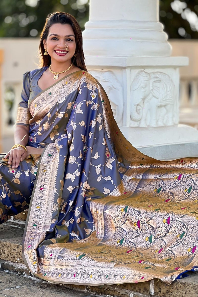 SGF11 Women's Kanjivaram Pure Soft Silk Saree For Women Pure Golden Zari With Blouse Piece (Deep Light Blue) - Image 5