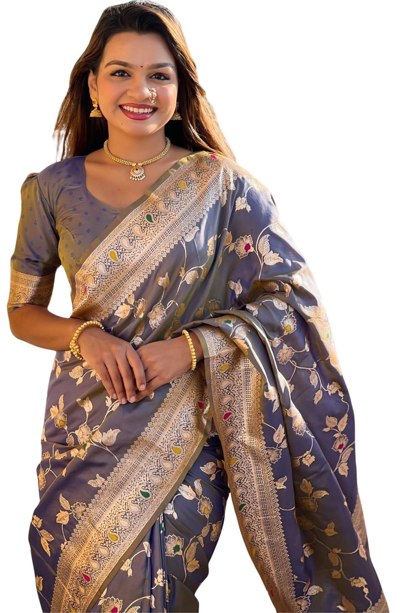 SGF11 Women's Kanjivaram Pure Soft Silk Saree For Women Pure Golden Zari With Blouse Piece (Deep Light Blue) - Image 1