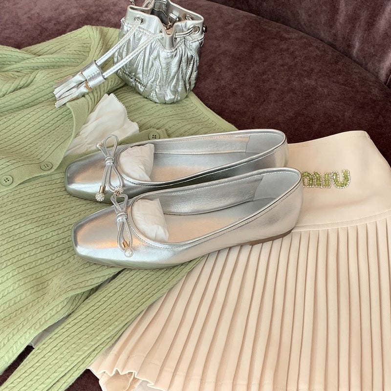 Spot Seconds Hair! Grape Mom Same Shoes Classic Round Head Bow Rhinestone Shallow Mouth Delicate Pearl Ballet Shoes - Image 1