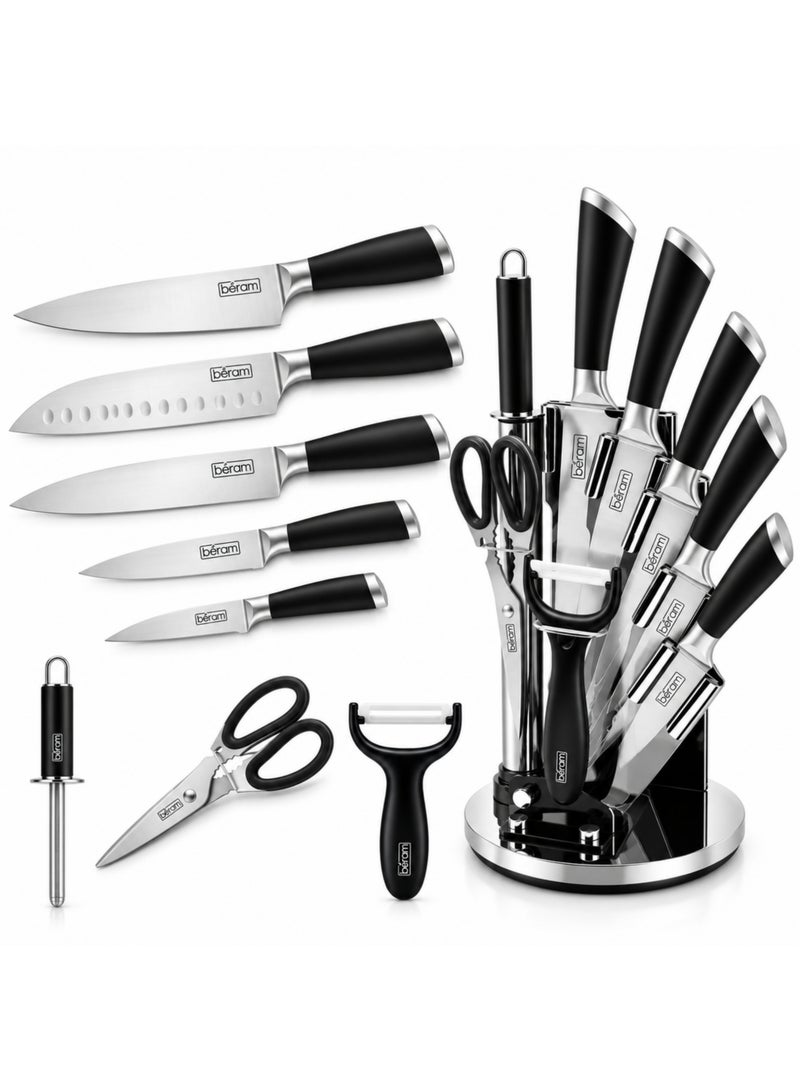 BERAM 9 Piece Kitchen Knife Set with 360° Rotating Magnetic Block, High Carbon Stainless Steel Sharp Knives with Scissors, Peeler & Knife Sharpener, Non-Slip Handles, Kitchen Cutting Tools, Silver - Image 1