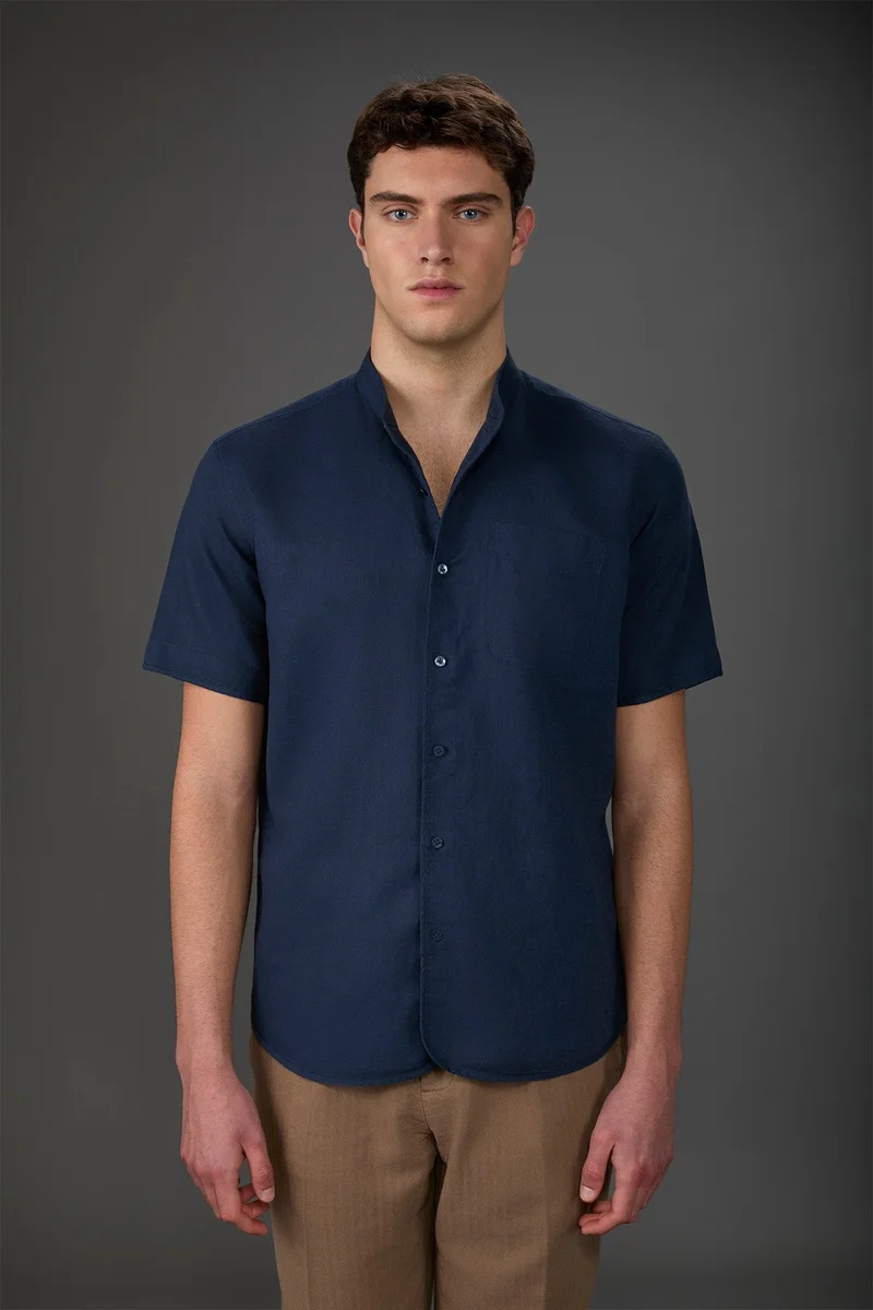 Casual men's shirt with mandarin collar, washed linen and cotton fabric - Dk Blue