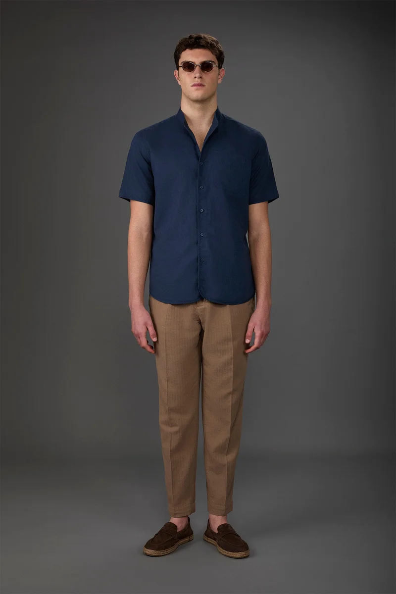 Doppelganger Blue Casual men's shirt with mandarin collar, washed linen and cotton fabric - DK Blue for Men | Best Price UAE