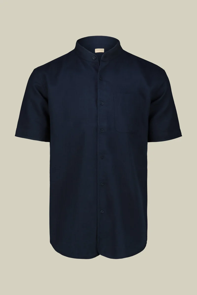 Doppelganger Blue Casual men's shirt with mandarin collar, washed linen and cotton fabric - DK Blue for Men | Best Price UAE