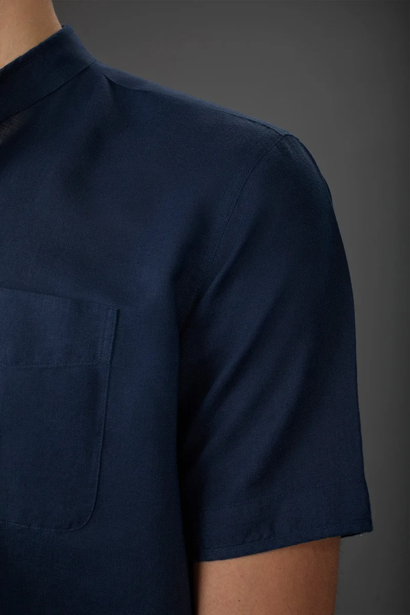 Doppelganger Blue Casual men's shirt with mandarin collar, washed linen and cotton fabric - DK Blue for Men | Best Price UAE