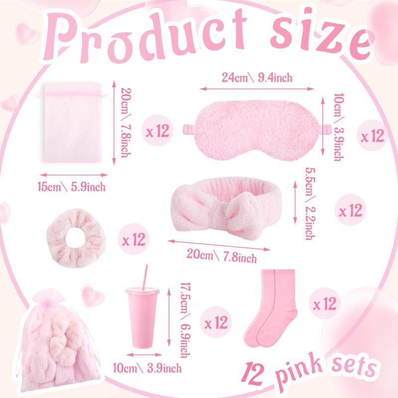 Fanfanwin 96 Pcs Sleepover Party Supplies Pink Spa Birthday Slumber Pajamas Night Galentines Day Party Favors Decoration 12 Pack Throw Blanket, Pillow, Headband, Scrunchies, Eye Mask, Cup, Socks - Image 3