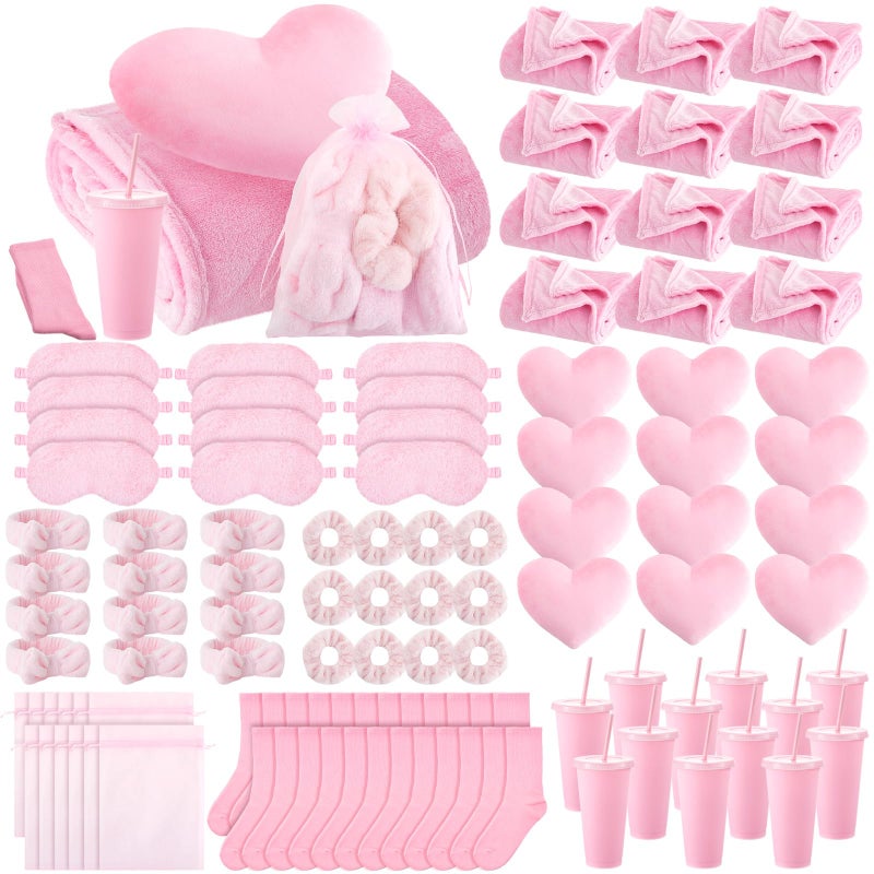 Fanfanwin 96 Pcs Sleepover Party Supplies Pink Spa Birthday Slumber Pajamas Night Galentines Day Party Favors Decoration 12 Pack Throw Blanket, Pillow, Headband, Scrunchies, Eye Mask, Cup, Socks - Image 1