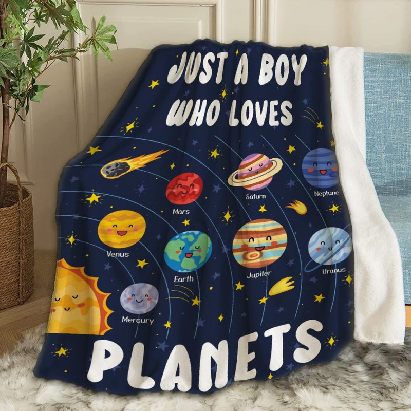 ARTBLANKET Just A Boy Who Loves Planets Solar System Space Throw Blanket Fannel Fleece Super Soft Funny Blanket Travel Throw Blanket for Bed Couch Sofa 40 x 50 Inch for Kid - Image 1