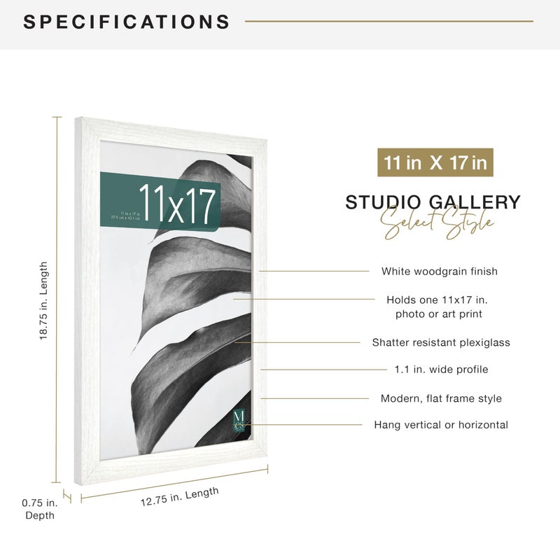 MCS Studio Gallery 11x17 Picture Frame White Woodgrain Engineered Wood, Rectangle Photo Frame for Photos, Posters & Art Prints (1-Pack) - Image 4