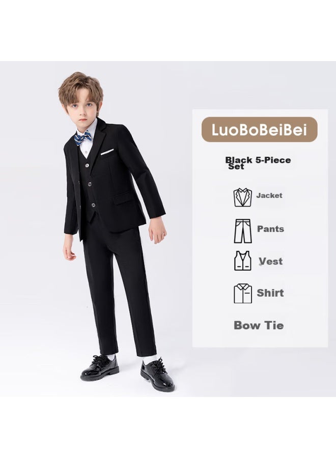 Luobobeibei Children's Suit, Boys' Solid Color Suit, Flower Boy's Formal Wear Set For Young Children, Black Five-piece Set, Size 150 - Image 2