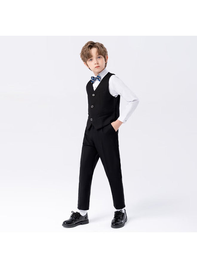 Luobobeibei Children's Suit, Boys' Solid Color Suit, Flower Boy's Formal Wear Set For Young Children, Black Five-piece Set, Size 150 - Image 3