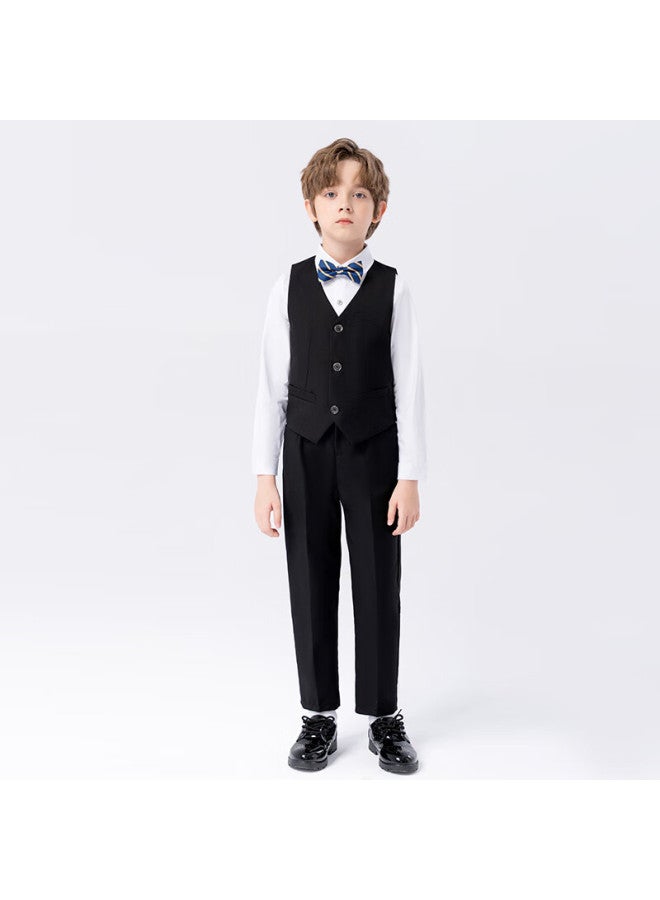 Luobobeibei Children's Suit, Boys' Solid Color Suit, Flower Boy's Formal Wear Set For Young Children, Black Five-piece Set, Size 150 - Image 5