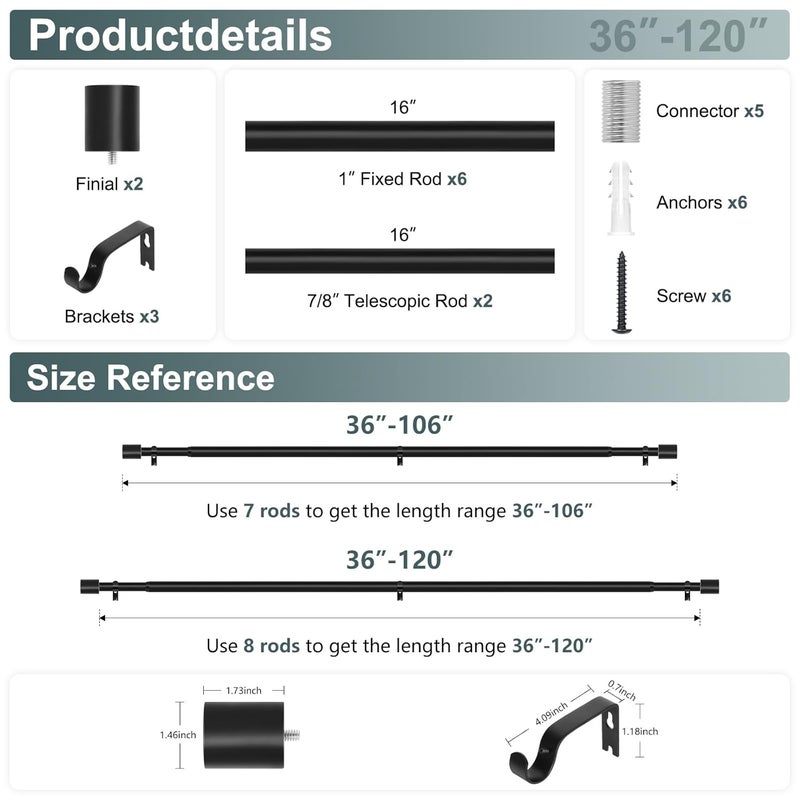 hei! dear Black Curtain Rods for Windows 66 to 120 Inch5510ft1 Inch Diameter Heavy Duty Curtain RodsModern Adjustable Curtain RodCylindrical End Cap Drapery RodsWindow Curtains Rod 36120Matte Black  - Image 5
