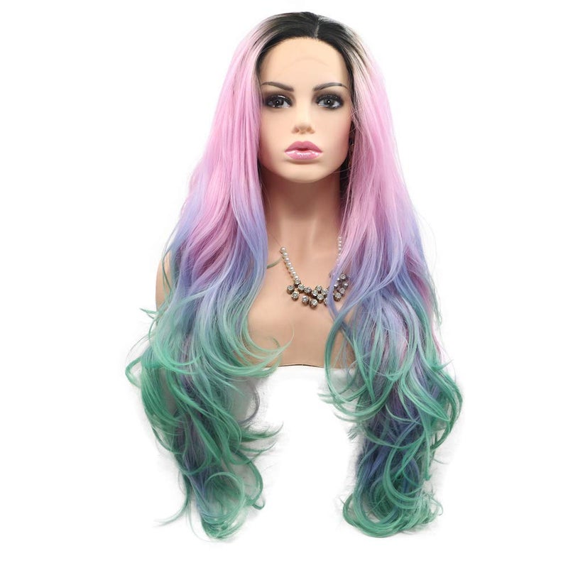 Melody Pink Green Ombre Synthetic Lace Front Wigs With Dark Roots Middle Part Long Wave Wigs for Women 180 Density Half Hand Tied Heat Resistant Fiber Hair Gift for Christmas Halloween 24