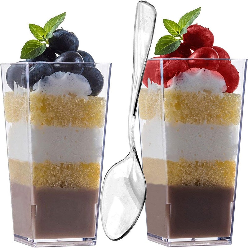 zappy 100 3oz Mini Dessert Cups  100 Tasting Spoons Tall Square Clear Plastic Dessert Glasses Disposable Shot Glass Tumbler Shooter Cups Parfait Glasses Sample Appetizer Bowls Trifle Bowl 3 oz - Image 1