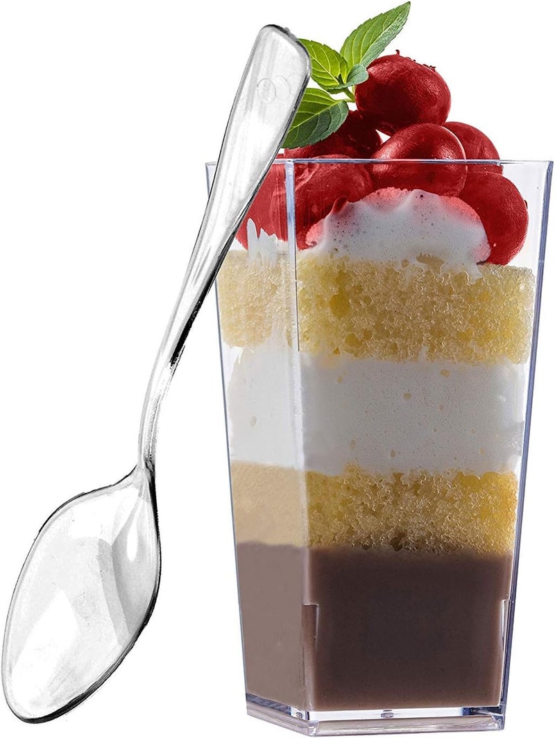 zappy 100 3oz Mini Dessert Cups  100 Tasting Spoons Tall Square Clear Plastic Dessert Glasses Disposable Shot Glass Tumbler Shooter Cups Parfait Glasses Sample Appetizer Bowls Trifle Bowl 3 oz - Image 2