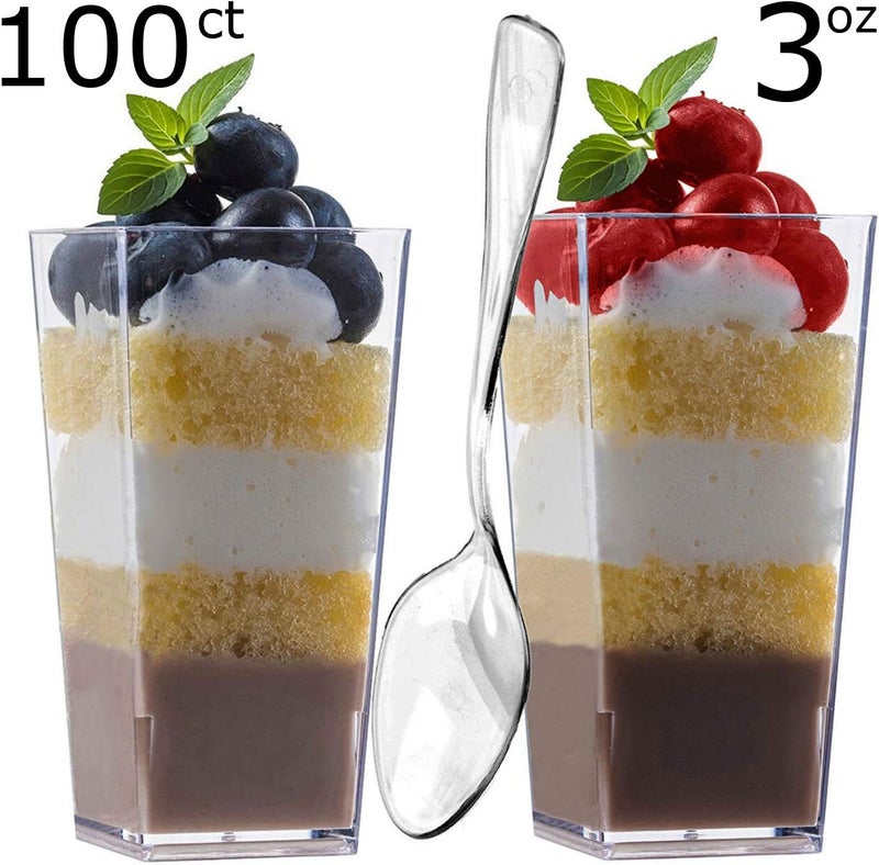 zappy 100 3oz Mini Dessert Cups  100 Tasting Spoons Tall Square Clear Plastic Dessert Glasses Disposable Shot Glass Tumbler Shooter Cups Parfait Glasses Sample Appetizer Bowls Trifle Bowl 3 oz - Image 3