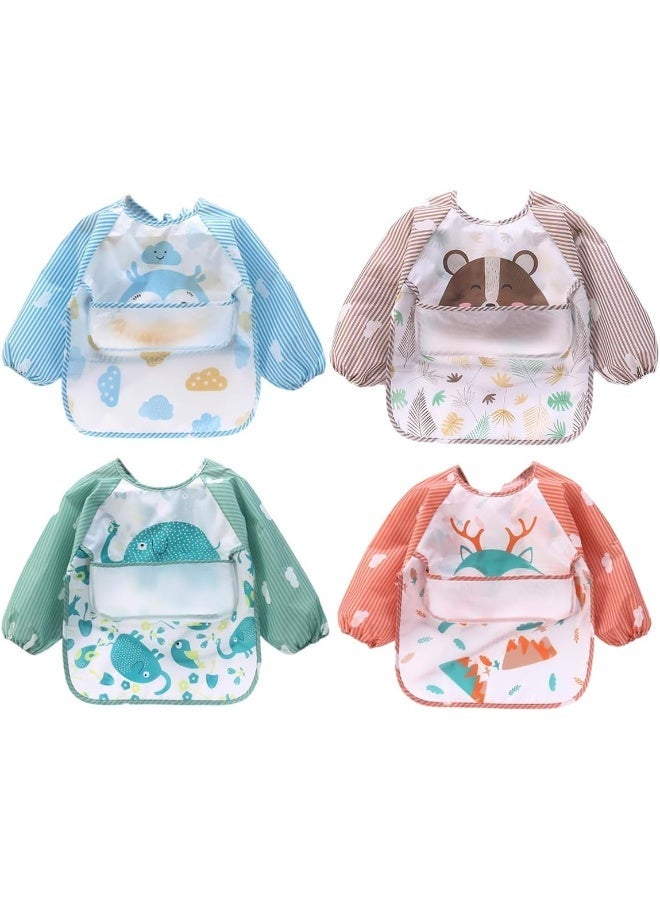 ECVV ECVV 4PCS Long Sleeve Baby Bibs Mess Proof Infant Feeding Bibs with Food Catcher Waterproof Cute Cartoon Pattern Baby Smocks Eating Bib for Toddlers, One Size - Image 2