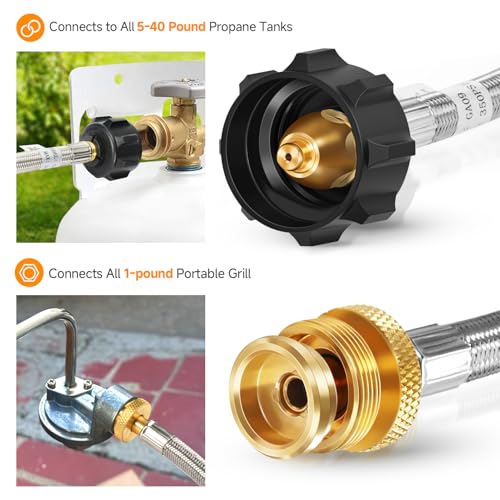GasSaf 5FT Propane Hose, Propane Adapter 1lb to 20lb Connected, Stainless Braided Hose for Buddy Heaters, Weber Gas Grills, Blackstone Griddles and More - Image 4