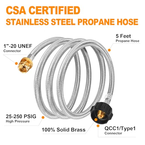 GasSaf 5FT Propane Hose, Propane Adapter 1lb to 20lb Connected, Stainless Braided Hose for Buddy Heaters, Weber Gas Grills, Blackstone Griddles and More - Image 2