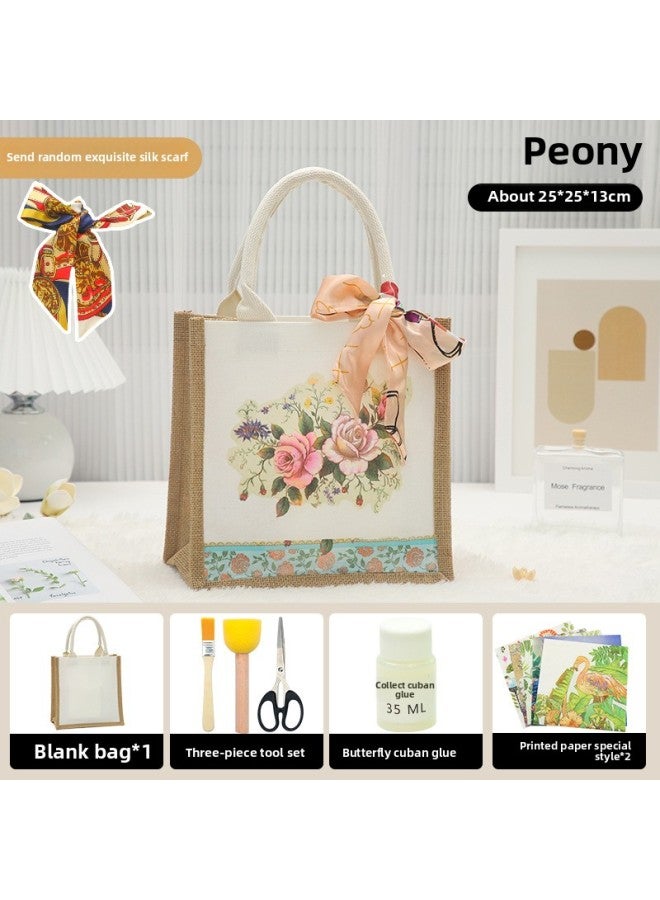 Thanksgiving Diy Handmade Butterfly Ancient Bart Canvas Tote Bag Sack Paste Group Building Parent-child Material Bag Warm-up Field-Color:LB-N10 Peony Material Contains Scissors Glue_vertical  - Image 1