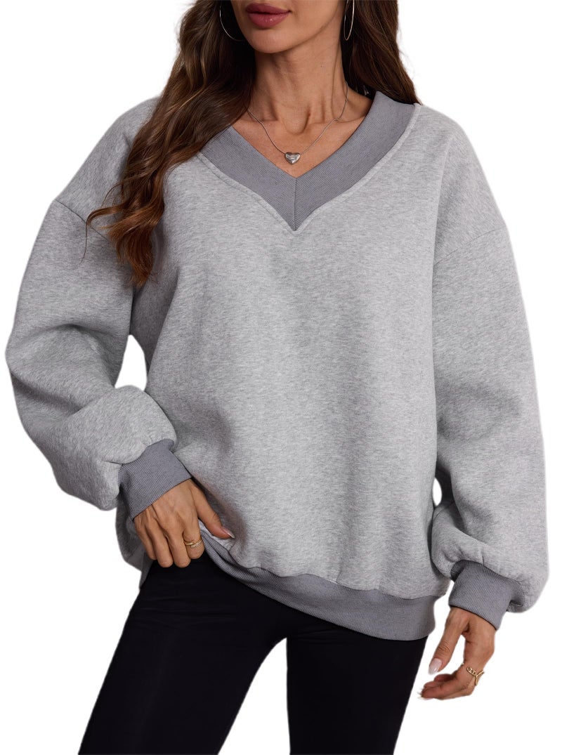 Hilinker Womens V Neck Oversized Sweatshirts Cute Pullover Color Block Long Sleeve Tops Grey B XX-Large - Image 5