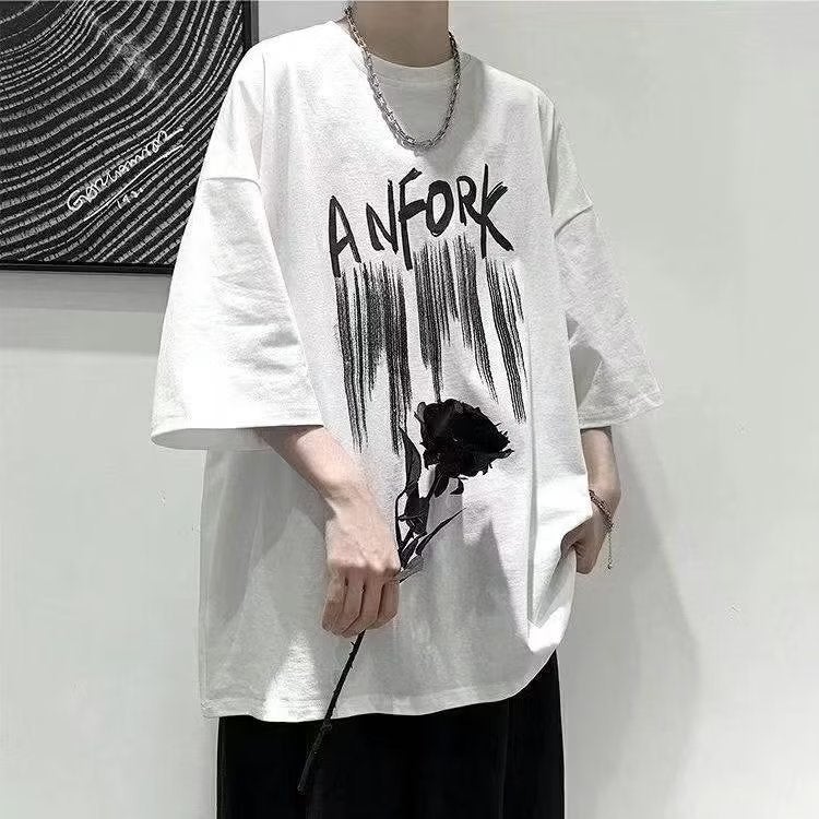 Fashionable Trendy Brand Summer T-Shirt Loose Youth Popular New Round Neck Men'S Urban Style Trendy Printed Half Sleeve - Image 3