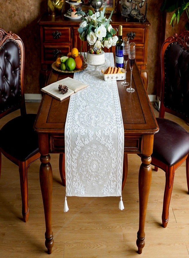 ARTABLE Table Runners Linen Fabric Elegant Embroidery Pattern Country Farmhouse Style for Coffee Tabletop Kitchen Home Dining Table (14 x 70 Inch, Linen) - Image 2