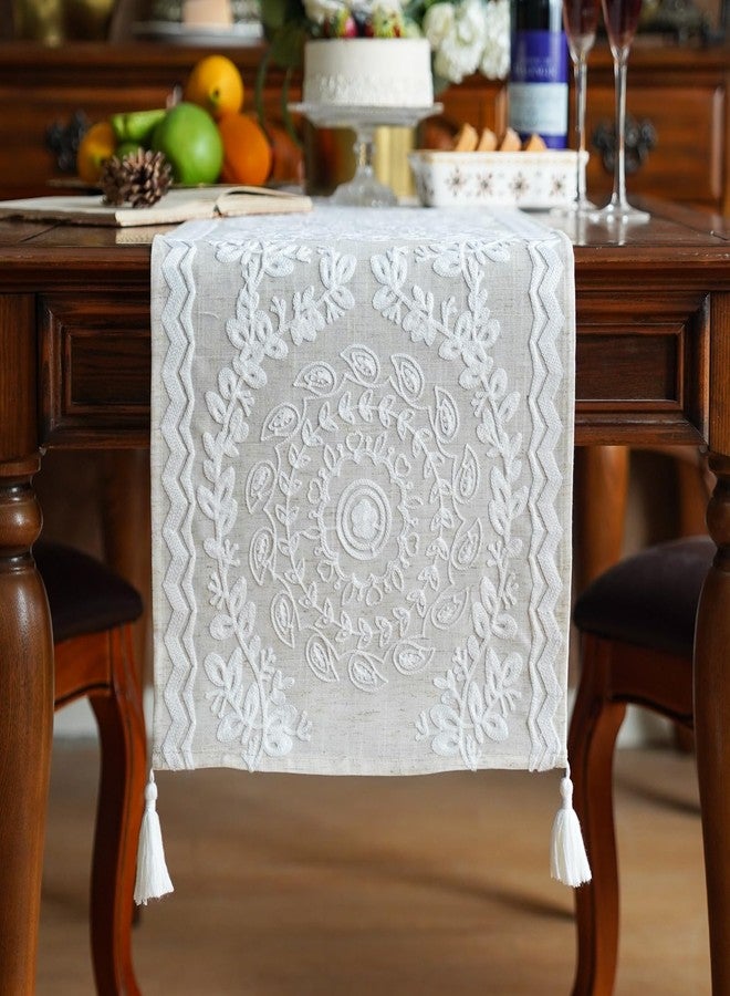 ARTABLE Table Runners Linen Fabric Elegant Embroidery Pattern Country Farmhouse Style for Coffee Tabletop Kitchen Home Dining Table (14 x 70 Inch, Linen) - Image 1