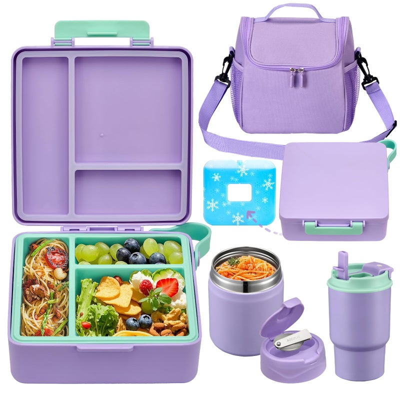 Howeemo Bento Lunch Box for Kids with 17oz Soup Thermo,Insulated Tumbler Water Bottle and Insulated Lunch Bag,Leak-Proof 3 Compartment Lunch Food Container with Ice Pack for Kids to School-Purple - Image 1