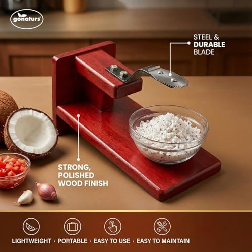 GONATURS Traditional Polished Wooden Table-Top Manual Coconut Scraper – Chirava Grater Thengai Thuruvi with Stainless Steel Blade, Comfortable to Use- Medium - Image 5