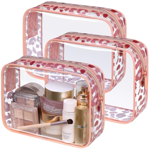 PACKISM TSA Approved Toiletry Bag  Rose Gold Leopard Print Clear Makeup Bag Suitable for Gifts with Supporting Frame Perfect for Travel Essentials Thick No Smell