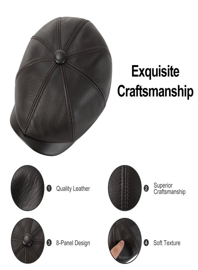 VOBOOM Men Women Genuine Newsboy Leather Cap 8 Panel Gatsby Ivy Hat, Dark Brown, 7 1/4 - Image 3