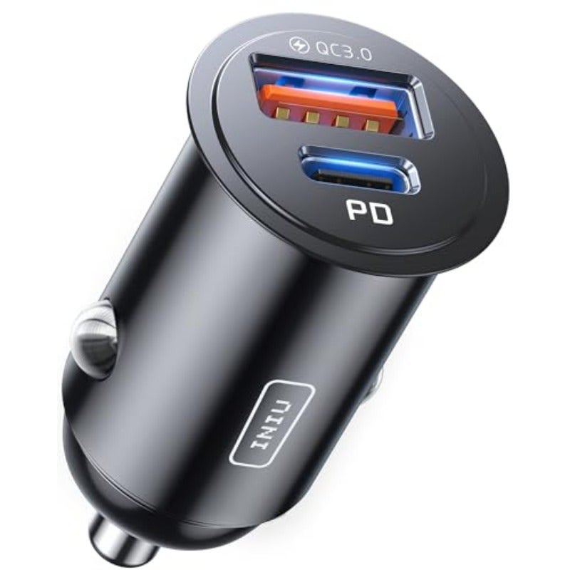 شاحن سيارة 60 وات بمنفذين USB C و USB A الشحن السريع محول شاحن سيارة من المعدن بحجم ميني نوع-C لآيفون 17 و16 و15 برو ماكس والآيباد وسامسونج S26 وS25 وأيربود وسامسونج هانر وغيرها - Image 1