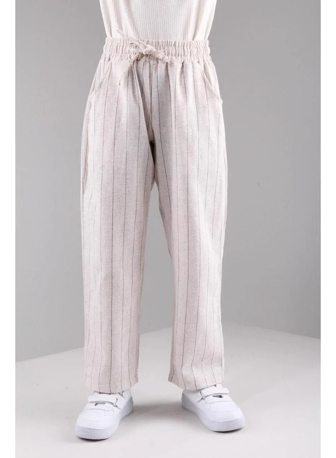 Perendi Pocketed Girls and Boys Black Striped Linen Pants.
