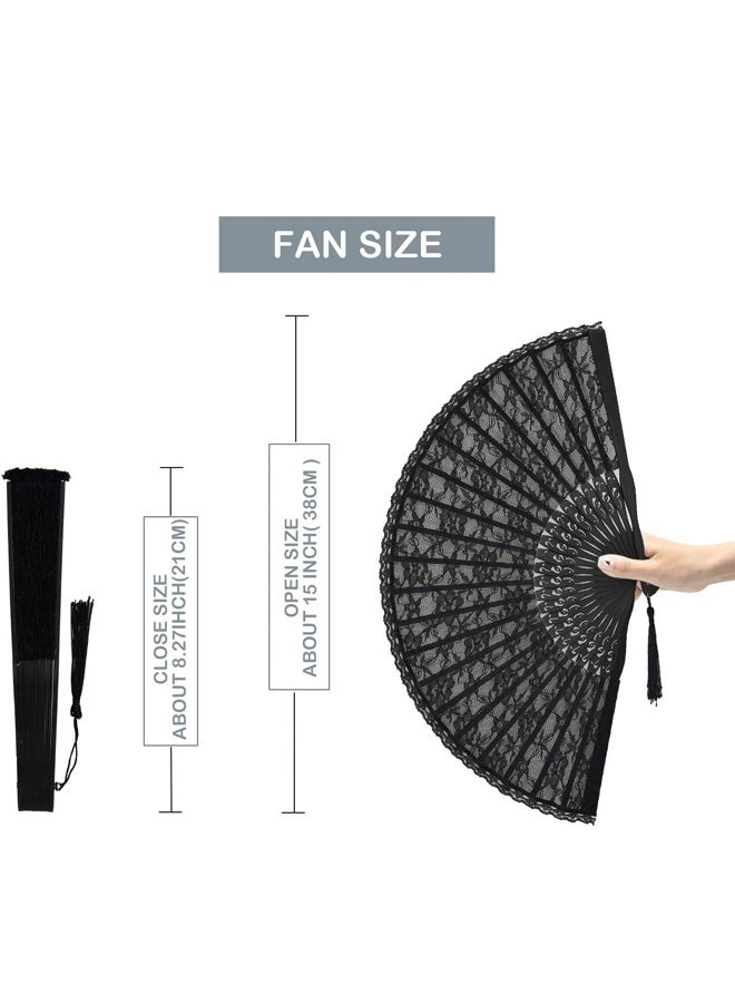 Hand Held Fan for Women Foldable, Chinese Japanese Vintage Bamboo Silk Folding Fans for Dance Music Festival Wedding Church Decoration (Black Lace) - Image 2