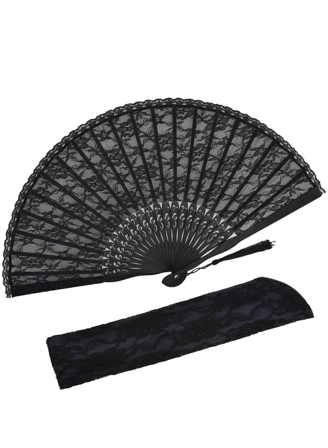 Hand Held Fan for Women Foldable, Chinese Japanese Vintage Bamboo Silk Folding Fans for Dance Music Festival Wedding Church Decoration (Black Lace) - Image 1