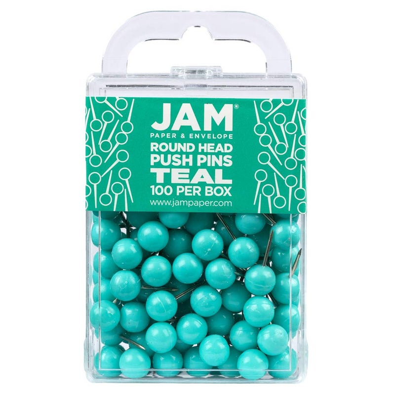 JAM PAPER Colorful Push Pins  Round Head Map Thumb Tacks  Teal Pushpins  100Pack