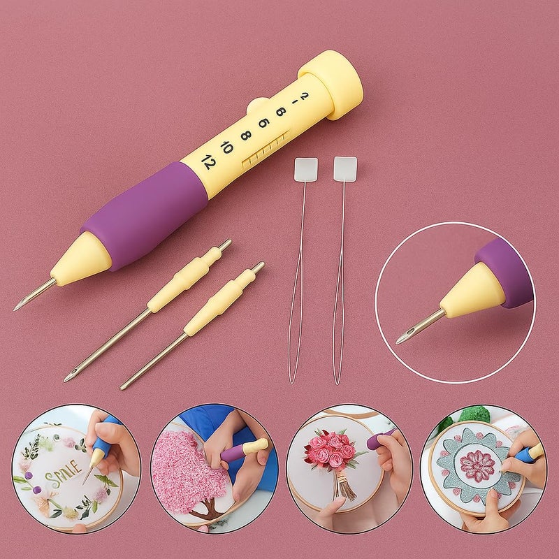 S Decor Embroidery Kit for Beginners – Complete Punch Needle Set for Embroidery with 3 Needle Sizes, Ergonomic Pen, Adjustable Depths & Threader (Yellow) - Image 2