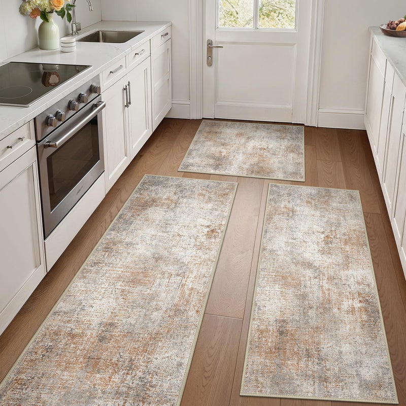 GENIMO Kitchen Rugs Sets of 3 Non Slip Washable Kitchen Mats for Floor, Waterproof Abstract Kitchen Runner Rug, Floor Mat Carpet for Hallway, Laundry, Sink, Entryway, Bathroom, Clay - Image 1
