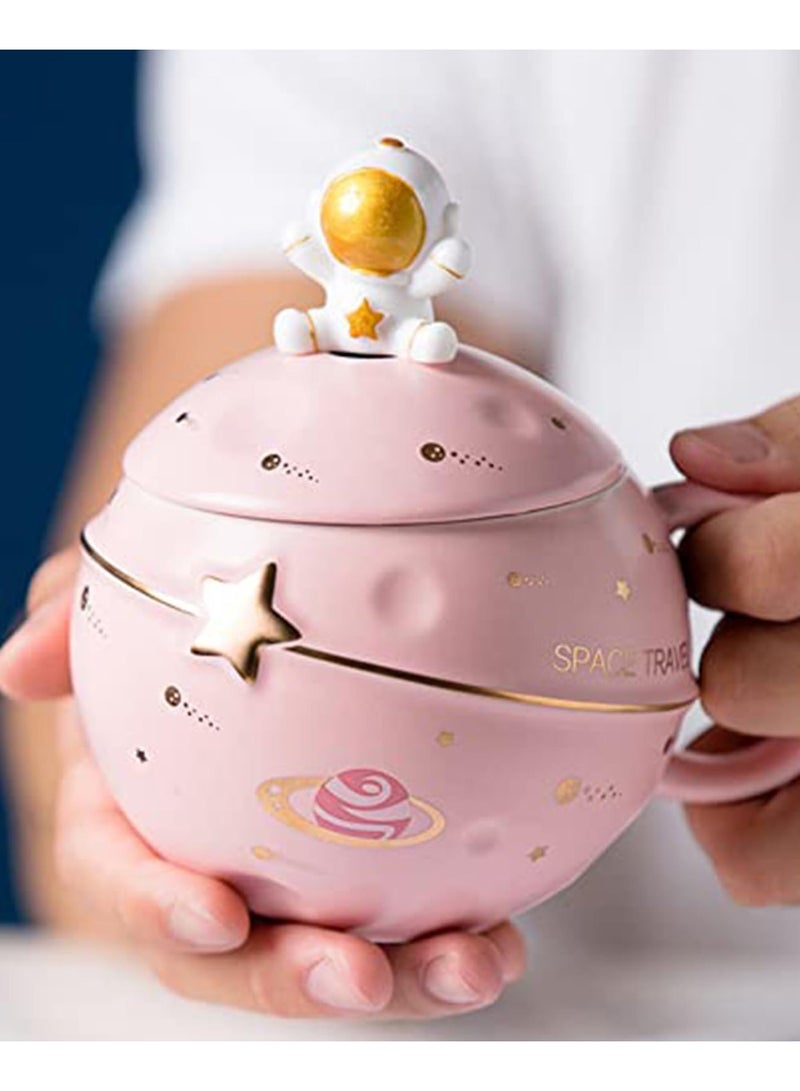 كيلا كوب الفضاء ضغط الفضاء كوب الكوكب، سيراميك جميل كوب القهوة، والجديدة مع غطاء مع كوب ملعقة، مناسبة لتعبئة القهوة، والشاي، والحليب، غرفة تزيين الجمال هدايا مضحكة للفتيات والفتيان والنساء (( الوردي) - Image 1